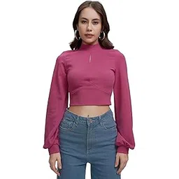 tokyo talkies Women's Solid High Neck-Line with Keyhole Top | Puff Long Puff Sleeves for A Chic & Elegant Look | Tops for Woman | Women Tops | Women Crop Top-picture-32