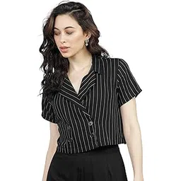 tokyo talkies Women's Striped Double-Breasted Crop Top | Short Sleeves | Chic & Trendy | Tops for Woman | Women Tops | Stylish Top-picture-37