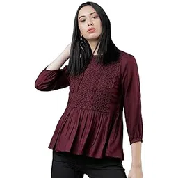 tokyo talkies Women's Three-Quarter Sleeves Round Neck Self Design Tops| Stylish Casual wear-picture-24
