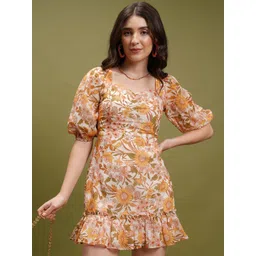 Tokyo Talkies Yellow Floral Printed Gathered or Pleated A-Line Mini Dress-picture-10
