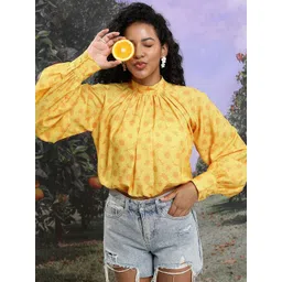 Tokyo Talkies Yellow Floral Printed High Neck Bishop Sleeves Blouson Crop Top-picture-12