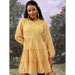Tokyo Talkies Yellow Floral Printed Puff Sleeves Cut-Out Detail Tiered Fit & Flare Dress image 1