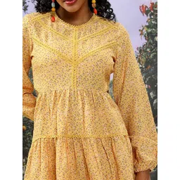 Tokyo Talkies Yellow Floral Printed Puff Sleeves Cut-Out Detail Tiered Fit & Flare Dress image 2