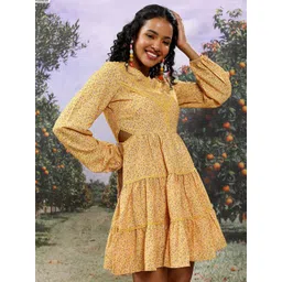 Tokyo Talkies Yellow Floral Printed Puff Sleeves Cut-Out Detail Tiered Fit & Flare Dress image 5