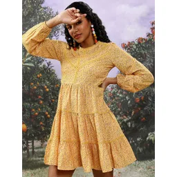 Tokyo Talkies Yellow Floral Printed Puff Sleeves Cut-Out Detail Tiered Fit & Flare Dress image 4