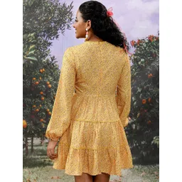 Tokyo Talkies Yellow Floral Printed Puff Sleeves Cut-Out Detail Tiered Fit & Flare Dress image 3