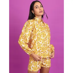 Tokyo Talkies Yellow Floral Printed Puffed Sleeves Shirt With Shorts-picture-20