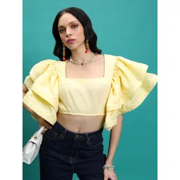 Tokyo Talkies Yellow Flutter Sleeves Crop Top-picture-41