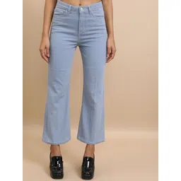 Women Flared Mid Rise Light Blue Jeans-image-1
