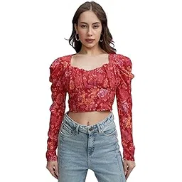 Tokyo Talkies Women's Floral Ruched Crop Top | Trendy Fitted Design with Vibrant Pink Print for A Chic Look | Tops for Woman | Women Tops | Women Crop Top-picture-12