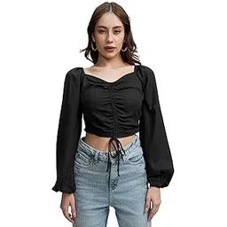 Tokyo Talkies Women's Puff Long Sleeves Front Pull-Up Tie-Up Crop Top | Trendy & Flattering | Perfect for Casual & Party Looks | Tops for Woman | Women Tops | Stylish Top-picture-10