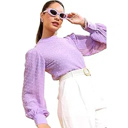 Tokyo Talkies Women's Self-Design High Neck Top | Long Puff Sleeves | Elegant & Chic | Tops for Woman | Women Tops | Stylish Top-picture-12