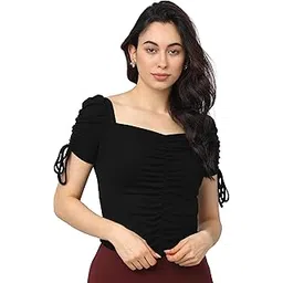 Tokyo Talkies Women's Short Sleeves Square Neck Solid Tops| Stylish | Casual Wear-picture-36