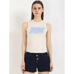 TOMMY HILFIGER Beige Cotton Typography Sleeveless Tank Top-picture-37