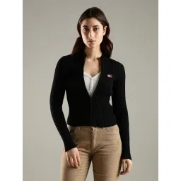 TOMMY HILFIGER Black Slim Fit Polyester Mock Neck Front-Open Sweater-picture-18