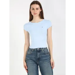 TOMMY HILFIGER Blue Cotton Solid Short Sleeve Top-picture-12