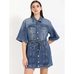 TOMMY HILFIGER Blue Cotton Solid Short Sleeves Dress-picture-41