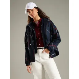 TOMMY HILFIGER Flag Chain Wavy & Navy Regular Fit Polyester Hooded Neck Windcheater Jacket-image-7