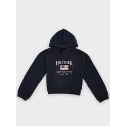 Tommy Hilfiger Kids Blue Cotton Relaxed Fit Logo Printed Hooded Sweatshirt-picture-45