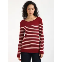 Tommy Hilfiger Maroon & White Cotton Regular Fit Striped Sweater-picture-23