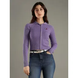 TOMMY HILFIGER Ophelia Purple Slim Fit Viscose Hooded Neck Front-Open Sweater-picture-38