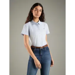 TOMMY HILFIGER Powdery Blue Striped Regular Fit Cotton Shirt-picture-15