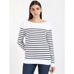Tommy Hilfiger White & Black Cotton Regular Fit Striped Sweater-picture-20