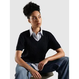 Tommy Hilfiger Women Cable Knit Self Design Regular Fit V-Neck Woollen Pullover Sweater-picture-39