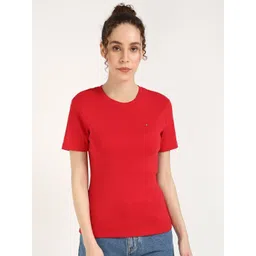 Tommy Hilfiger Women Solid Round Neck Slim Fit Cotton T-shirt-picture-40