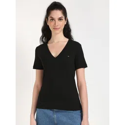 Tommy Hilfiger Women Solid V-Neck Cotton T-shirt-picture-28