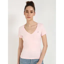 Tommy Hilfiger Women Solid V-Neck Slim Fit Cotton T-shirt-picture-10