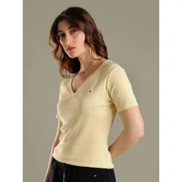 Tommy Hilfiger Women Solid V-Neck Slim Fit Cotton T-shirt image 2