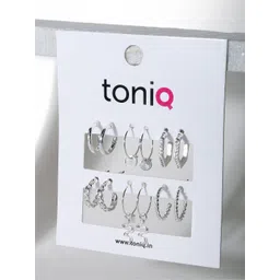 ToniQ Set of 6 Silver-Plated Stones Studded Circular Hoop Earrings-picture-34