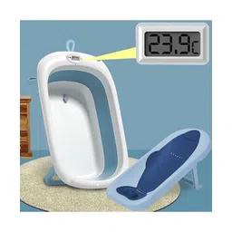 TONY STARK Foldable Baby Bathtub & Premium Baby Bather/Sling Bather Seat With Water Temperature Display With Drain Plug & Portable Anti Slip Collapsible For Newborn Infant Toddlers & Kids - Blue-picture-13