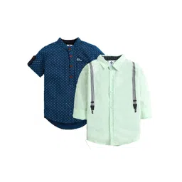 TONYBOY Boys Pack of 2 Sea Green & Navy Blue Premium Printed Cotton Casual Shirts-picture-11
