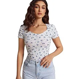 toochki Tops for Woman | Lycra Top | T-Shirt | Tshirt | Western | for Jeans | Short Sleeve | Stretchable | Floral Printed | White Color-picture-24