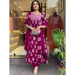 TOOCHKI Women Embroidered Round Neck A-Line Kurta & Trousers With Dupatta-picture-38