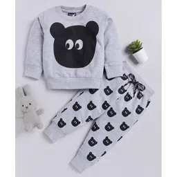 TOONYPORT Full Sleeves Cartoon Face Animal Printed Looper Knitted Sweatshirt & Joggers Set - Grey & Black-picture-10