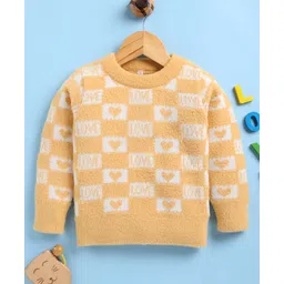 TOONYPORT Wool Woven Full Sleeves Chessboard Checked Love Text Designed Sweater - Yellow-picture-28