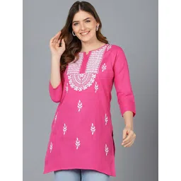 TOP N THREAD Ethnic Motifs Embroidered Round Neck Three-Quarter Sleeves Chikankari Kurti-picture-35