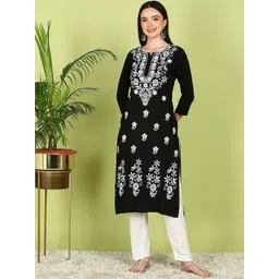 TOP N THREAD Ethnic Motifs Yoke Design Thread Work Chikankari Straight Kurta-picture-22