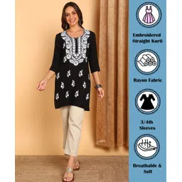 top n thread Women Chikan Embroidery, Embroidered, Self Design Viscose Rayon Straight Kurta image 2