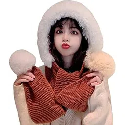 topibaaz Women Winter Hat Scarf for Girls Cute Fur Woolen Warm Hooded Bear Design Beanie Cap-picture-27