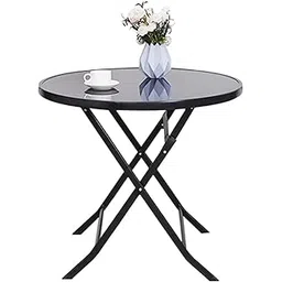 TORIOX Folding Table, Foldable Coffee Table, Side Table, Balcony Table, Camping Table, Garden Bistro with Metal Frame, Round Tempered Glass Top-picture-35
