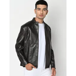 Tortoise Men Mandarin Collar Solid Lightweight Leather Jacket-image-3