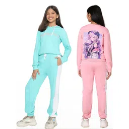 TotzTouch Girls Pack Of 2 Blue & Pink Printed Hooded Sweatshirt and Joggers Clothing Set-picture-27