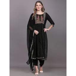 TOULIN Women Black Floral Yoke Design Thread Work Kurta with Palazzos & With Dupatta-picture-21