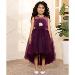 Toy Balloon Kids Net Sleeveless Floral Applique Detailed & Sequins Embellished Layered High Low Dress - Purple-picture-16