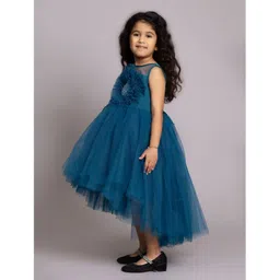 Toy Balloon Kids Net Sleeveless Floral Applique Detailed & Sequins Embellished Layered High Low Dress - Teal Blue image 4