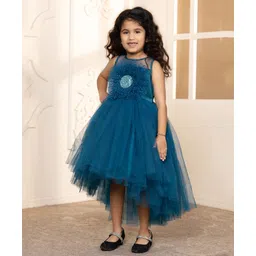 Toy Balloon Kids Net Sleeveless Floral Applique Detailed & Sequins Embellished Layered High Low Dress - Teal Blue-picture-17